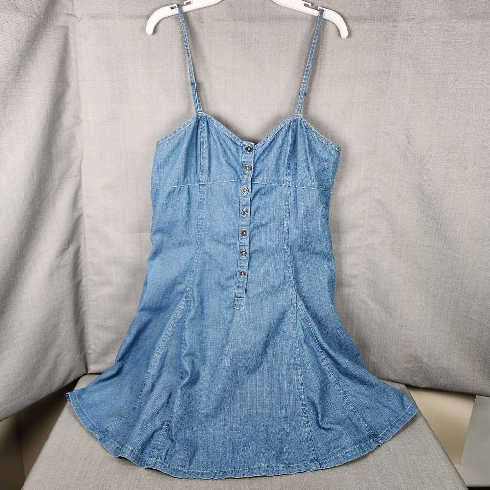 Aeropostale Junior Medium Jumper Dress Button Up Flare Skirt Med Wash Adj Straps